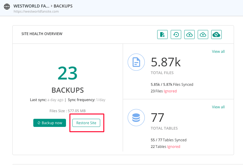 Restore Site from BlogVault dashboard